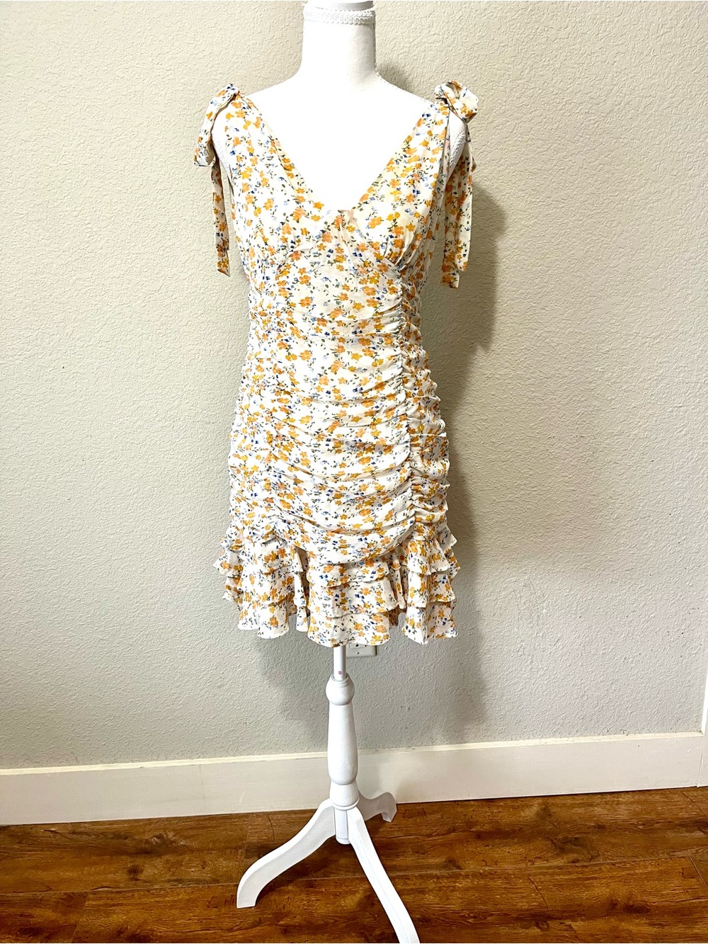 Storia White Floral Tie-Shoulder Ruched Mini Dress with Yellow Accents